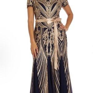 Elegant Navy and Gold Champagne Noir Evening Gown